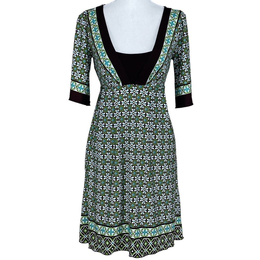 Vintage Green Brown Turquoise Mosaic Print Dress S Y2K Made in USA Tie Back Boho